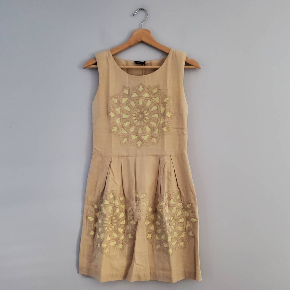 Splash Sleeveless Cotton Linen Blend Floral Embroidered Beige Sundress 10